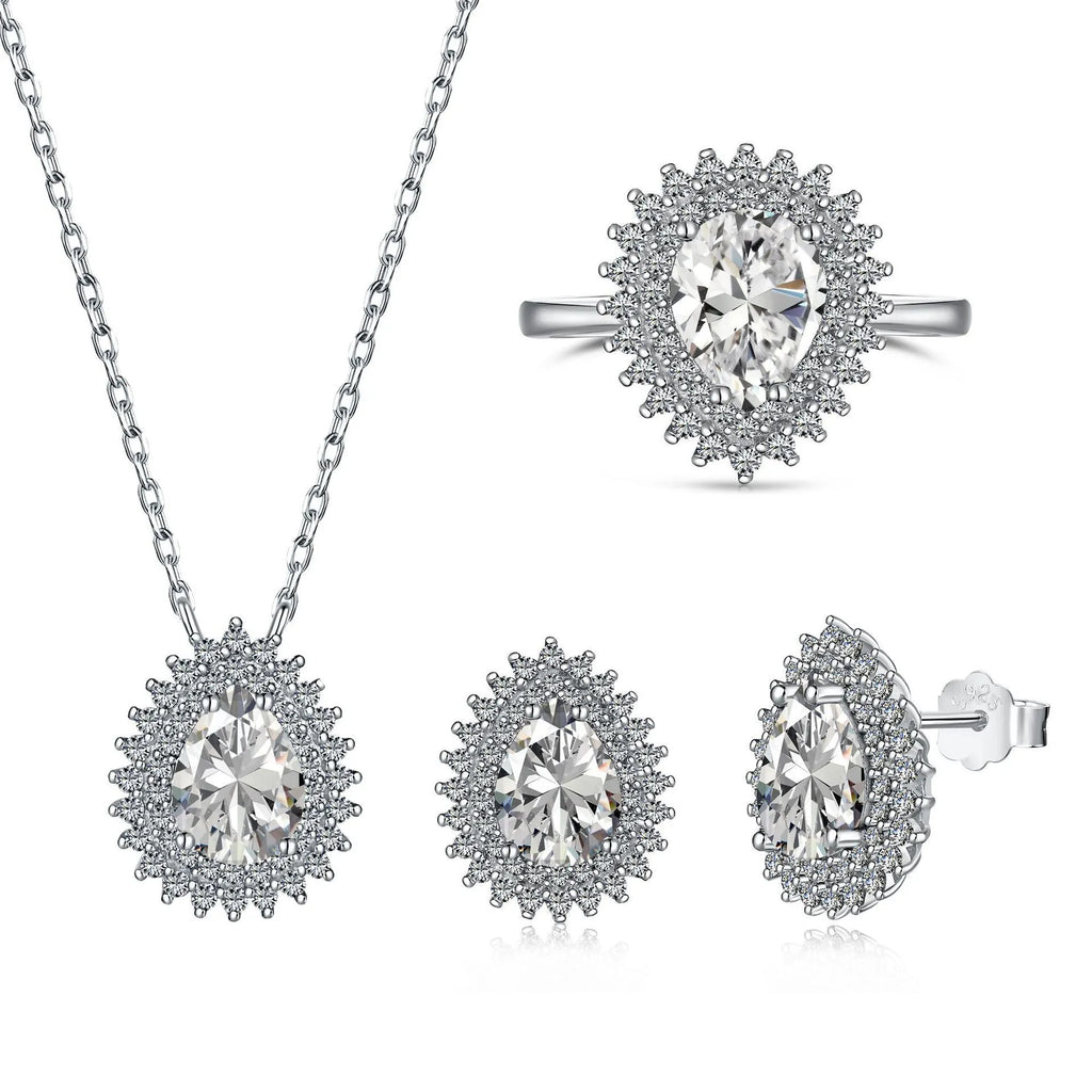 Sterling silver jewellery set with water droplet design necklace ring and earrings in gold finish