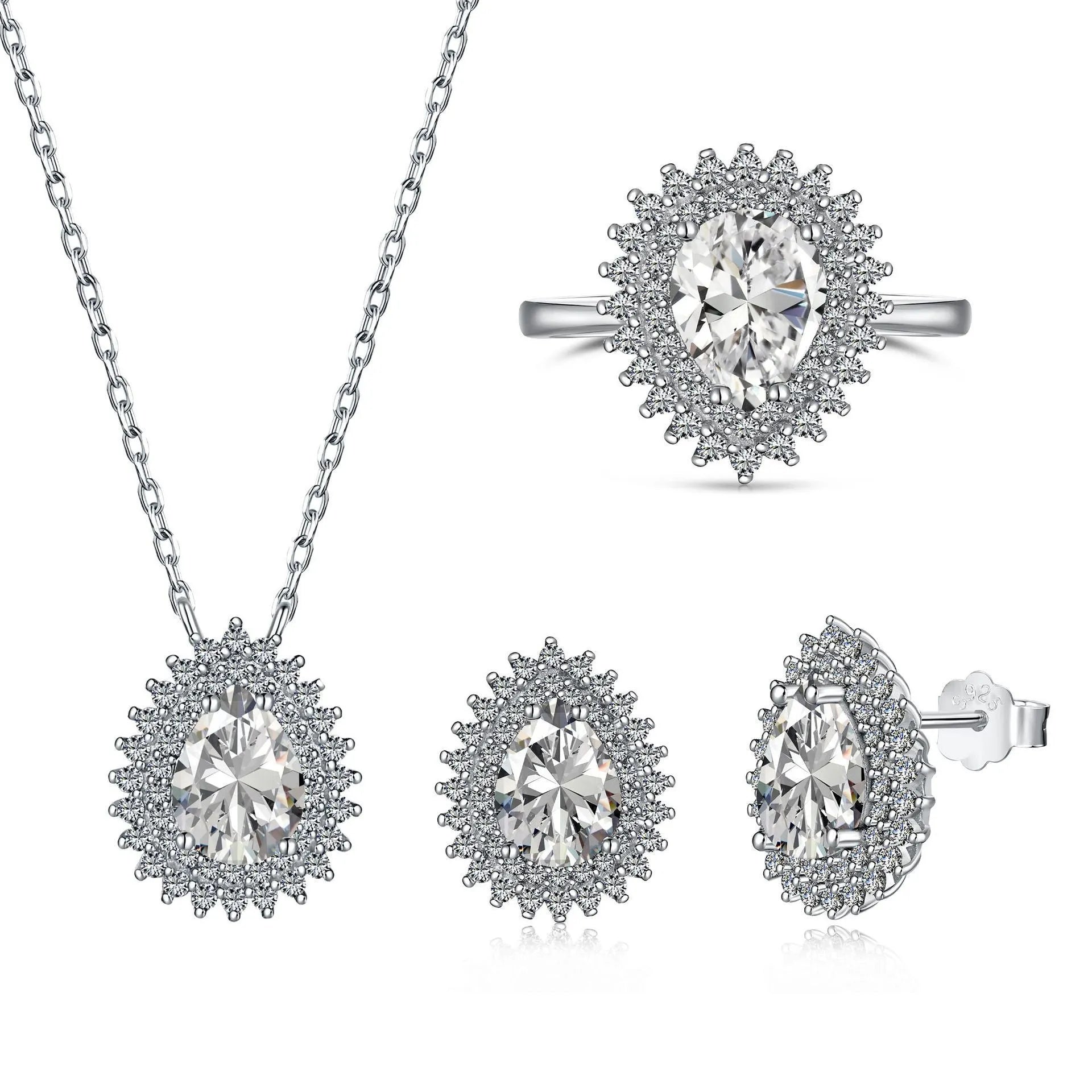 Sterling silver jewellery set with water droplet design necklace ring and earrings in gold finish