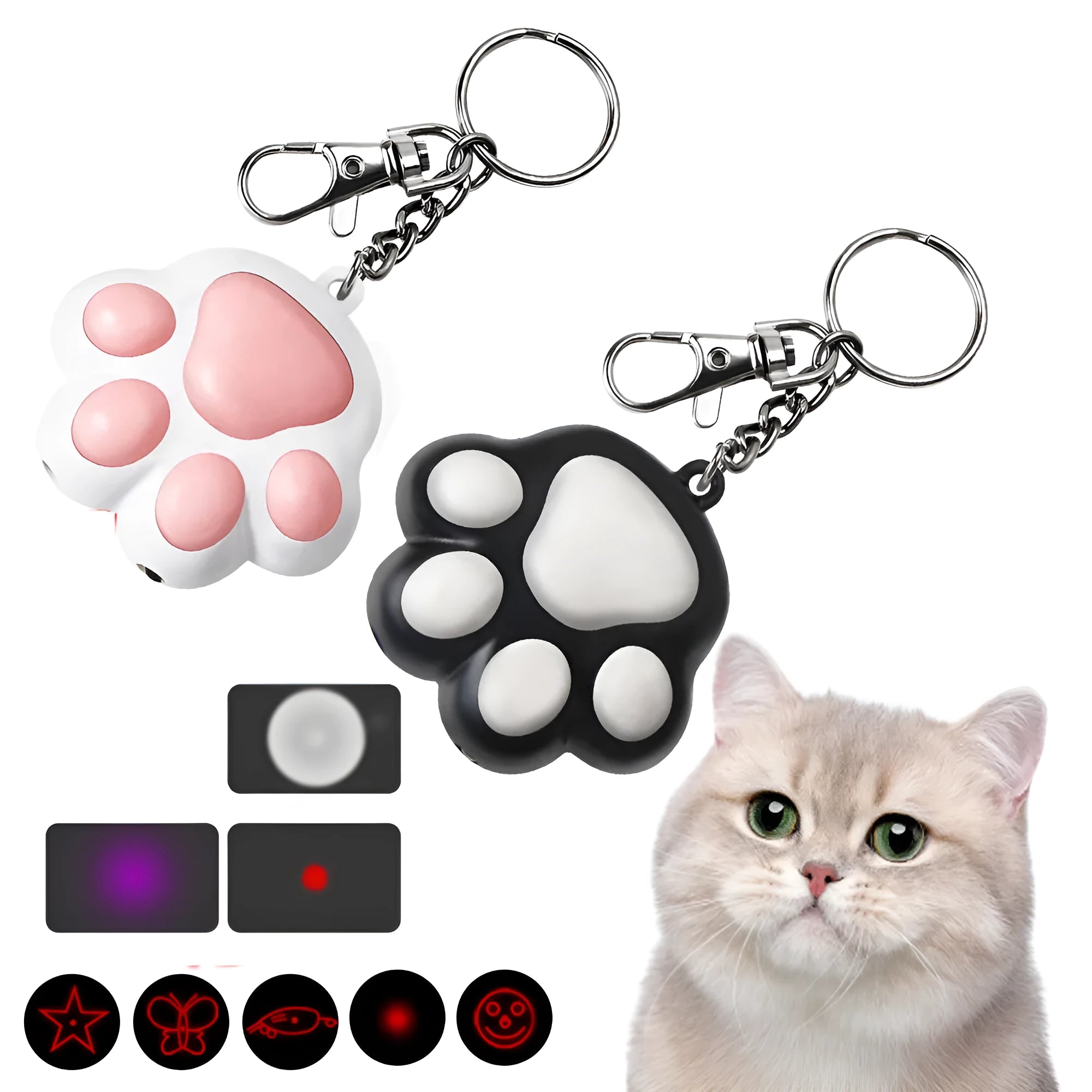 Pink and black USB rechargeable infrared cat teaser toy with keychain and lighting functions