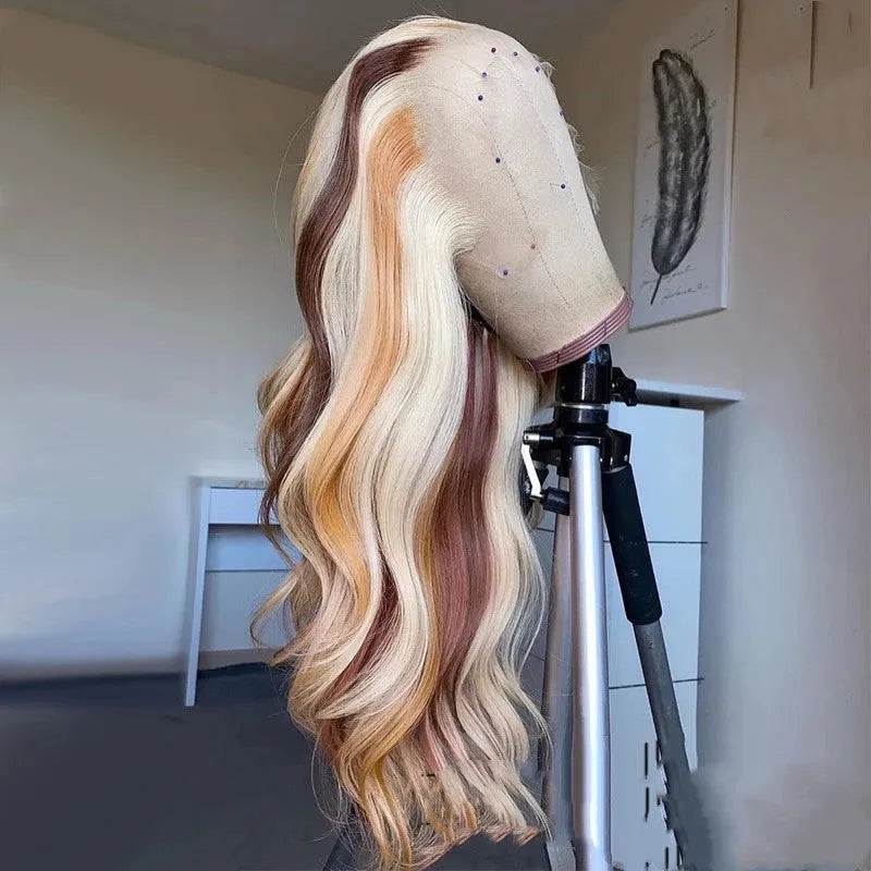 100% human hair body wave lace front wig with blonde highlights, 13X4 lace front, on a mannequin head