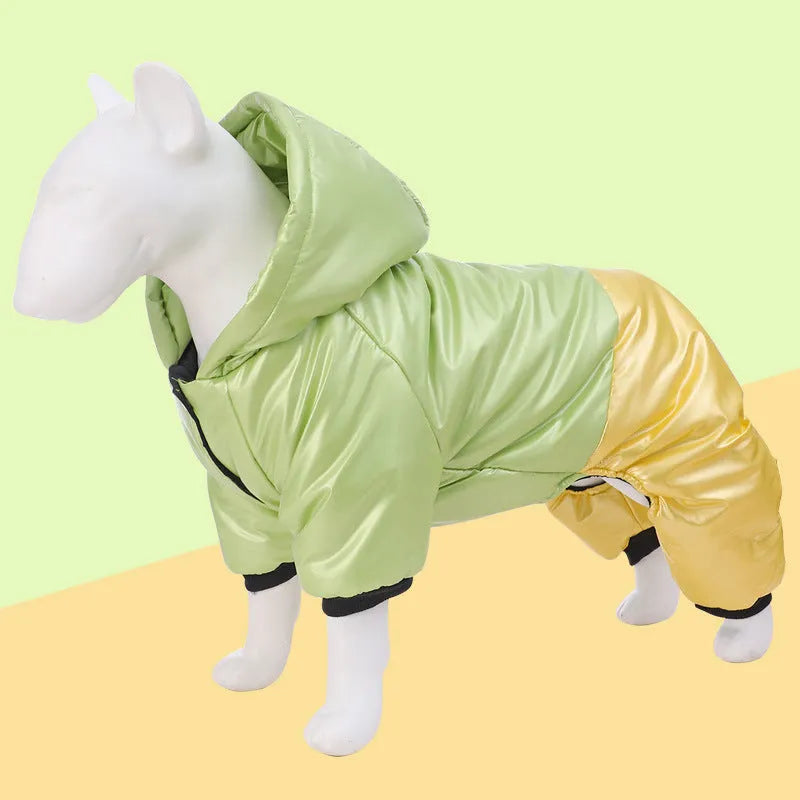 Green waterproof cotton-padded dog coat with four-legged design shown on medium-sized dog