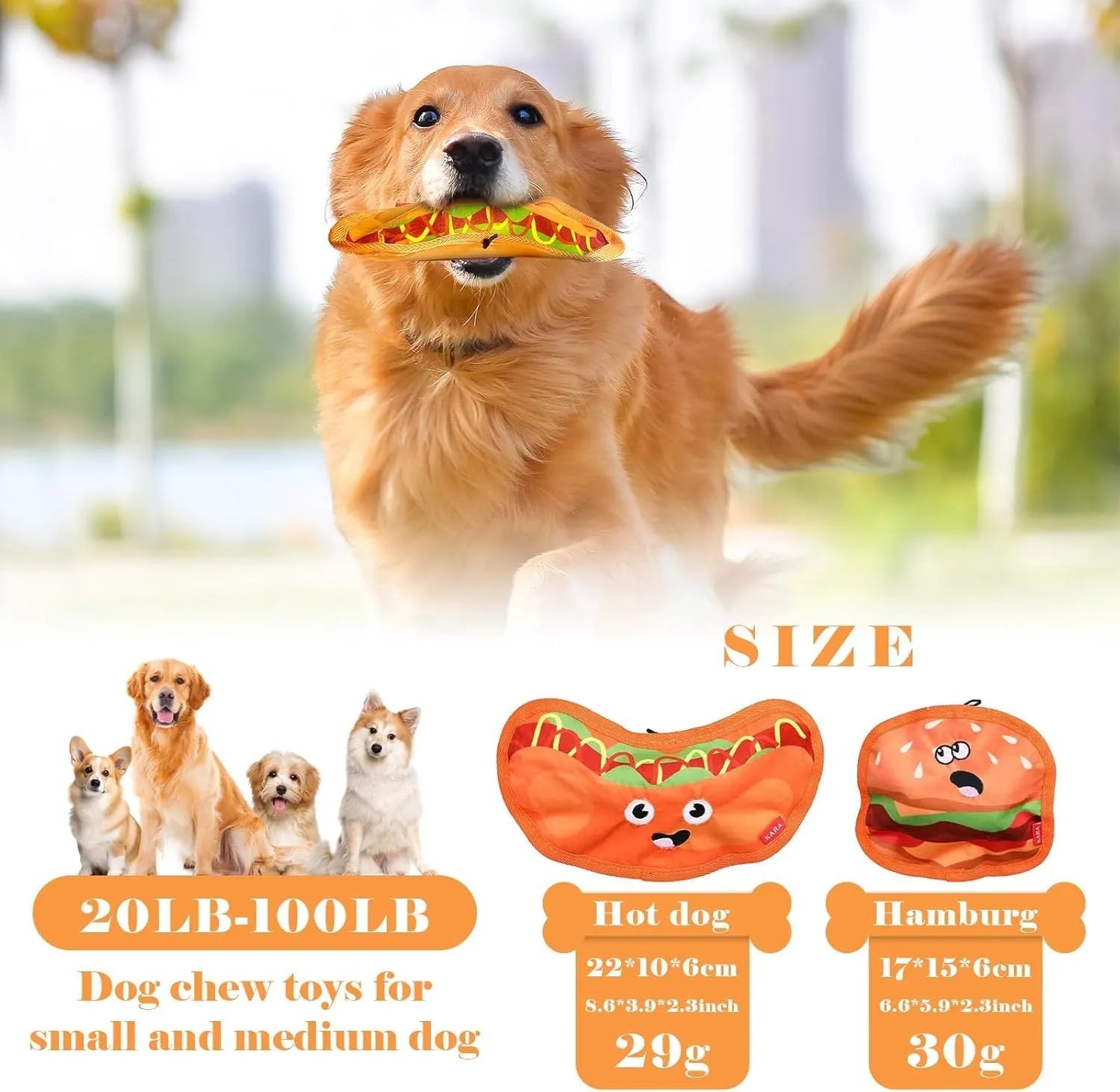 Colourful hamburger, fries, hot dog, and pizza shaped dog chew toys with crinkle and squeak features