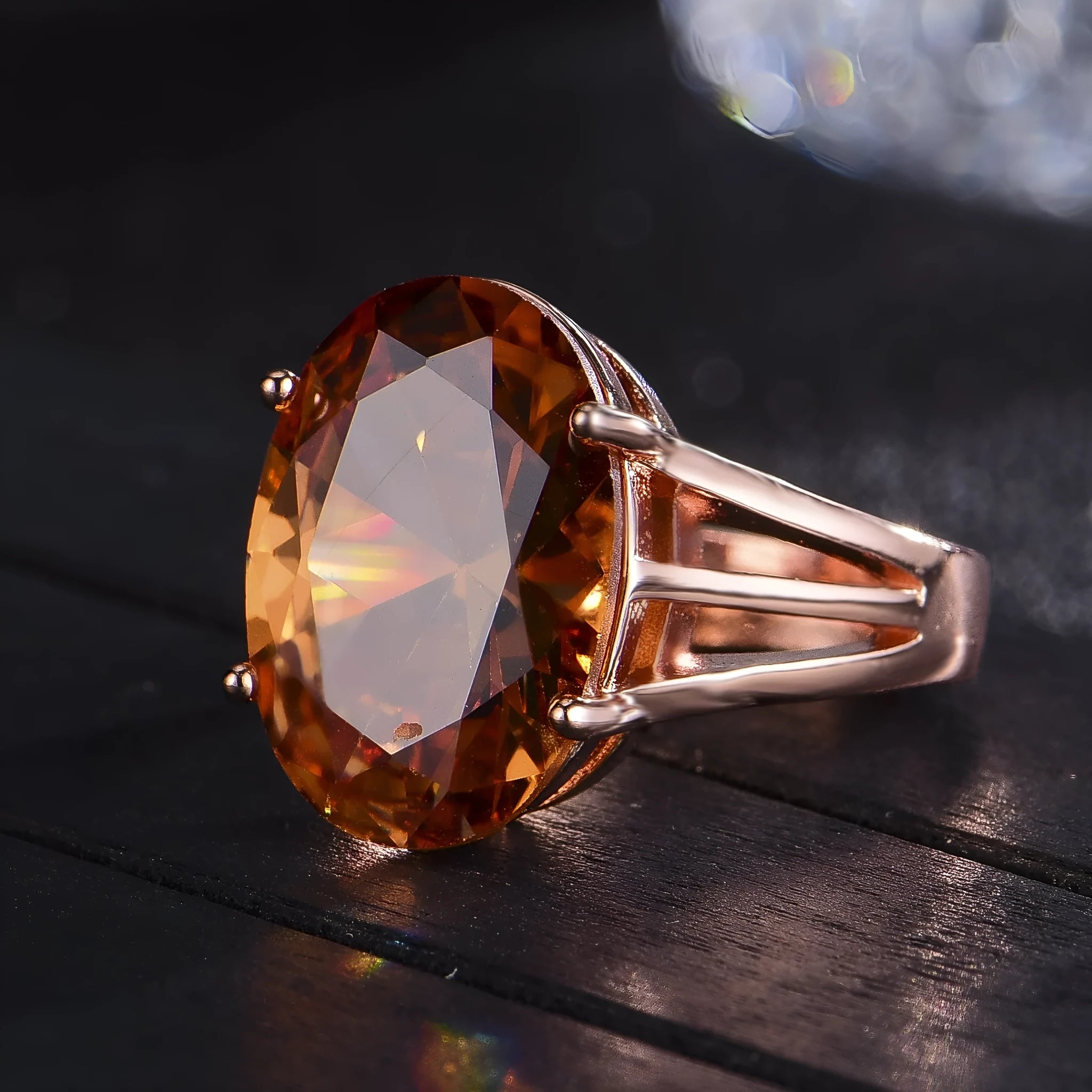 Oval champagne zirconia closed ring with rose gold plating on copper base, adjustable fit sizes 6 to 9, geometric shape