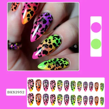 Wear Armour medium almond nail stickers in frosted French leaves, macaron, leopard print, and plating designs.