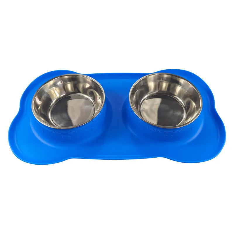 Large silicone dog bowl with stainless steel insert in double bowl configuration for pet feeding