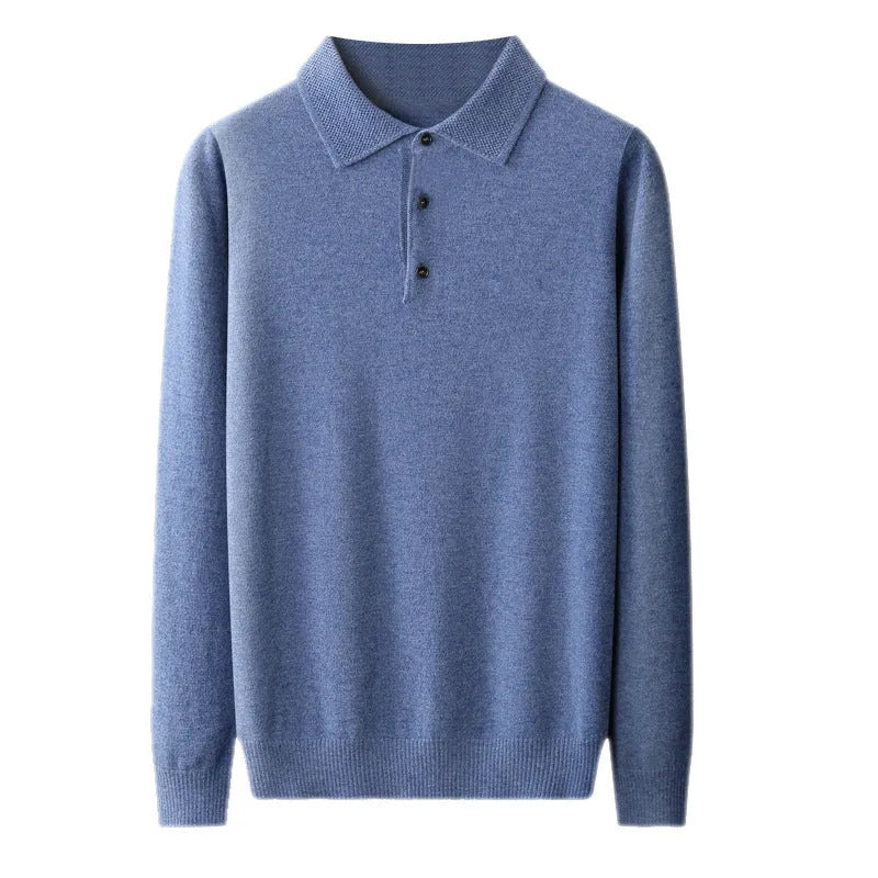 Men's grey wool sweater pullover with a polo collar and long sleeves laid flat.