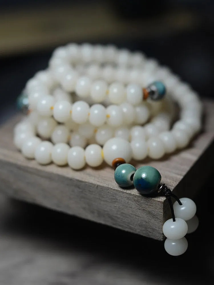 White jade Bodhi seed bracelet with 108 flat round beads in unisex national style