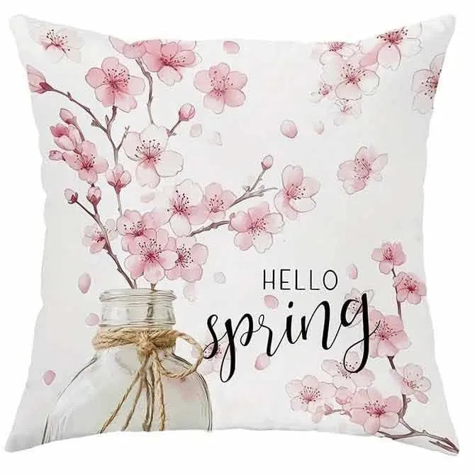 Square short velvet cushion cover with cherry blossom and letter print, 45cm, shown in one of four available colours.