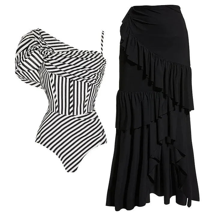 Women's striped one-piece swimsuit with ruffles in Y227 colour options.