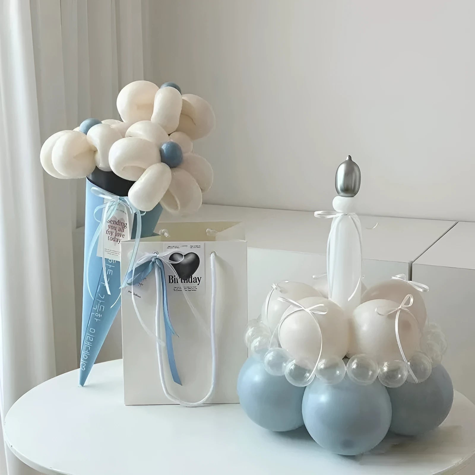 Round DIY balloon bouquet cake decoration kit with ten style options for party celebrations