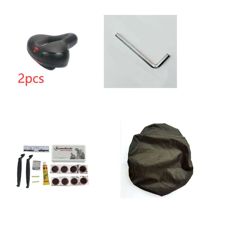 Bicycle saddle silicone gel cushion with PU leather cover, waterproof cover, wrench, and tyre repair kit.