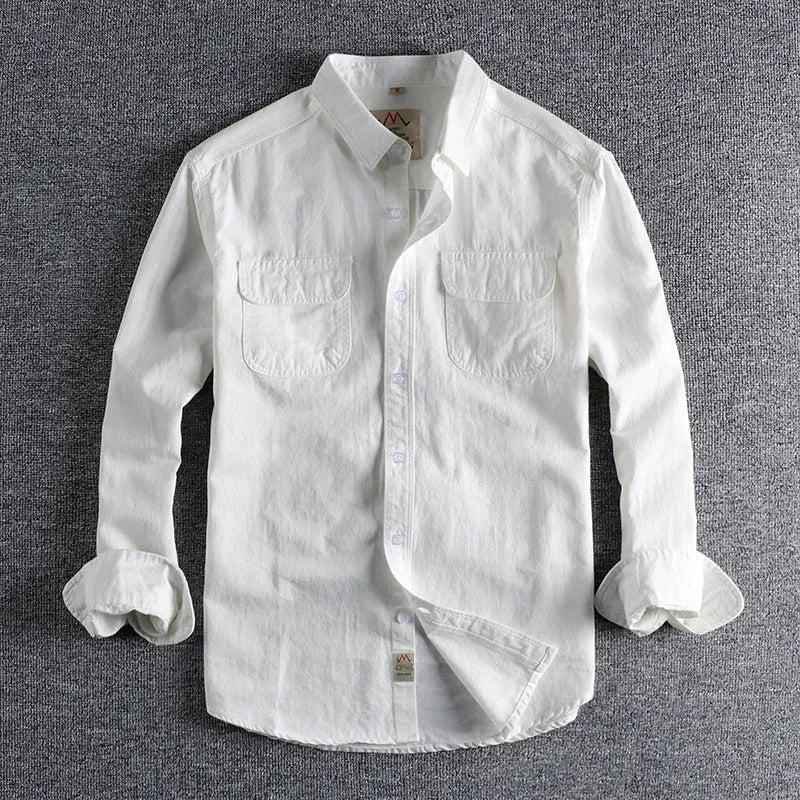 Men's cotton cardigan-style long sleeve shirt in solid white or light blue colour