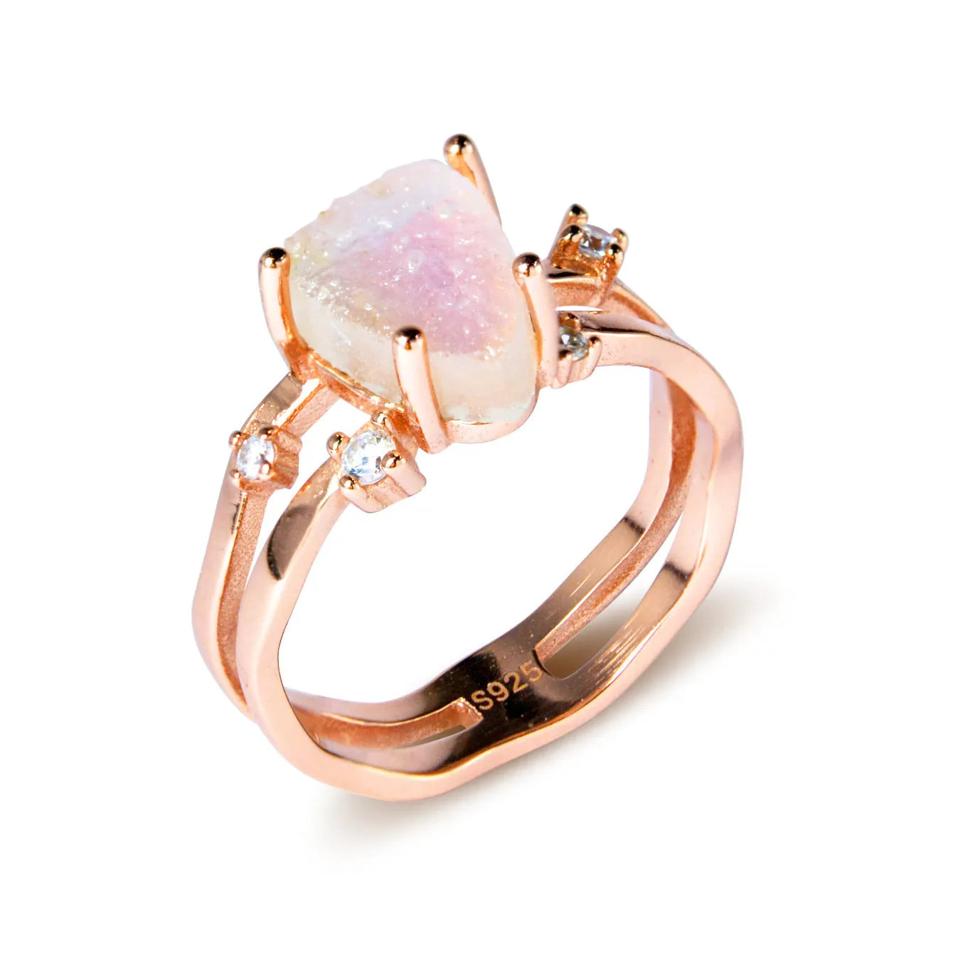 S925 silver geometric ring with irregular triangle shape and central moonstone on a model's hand.