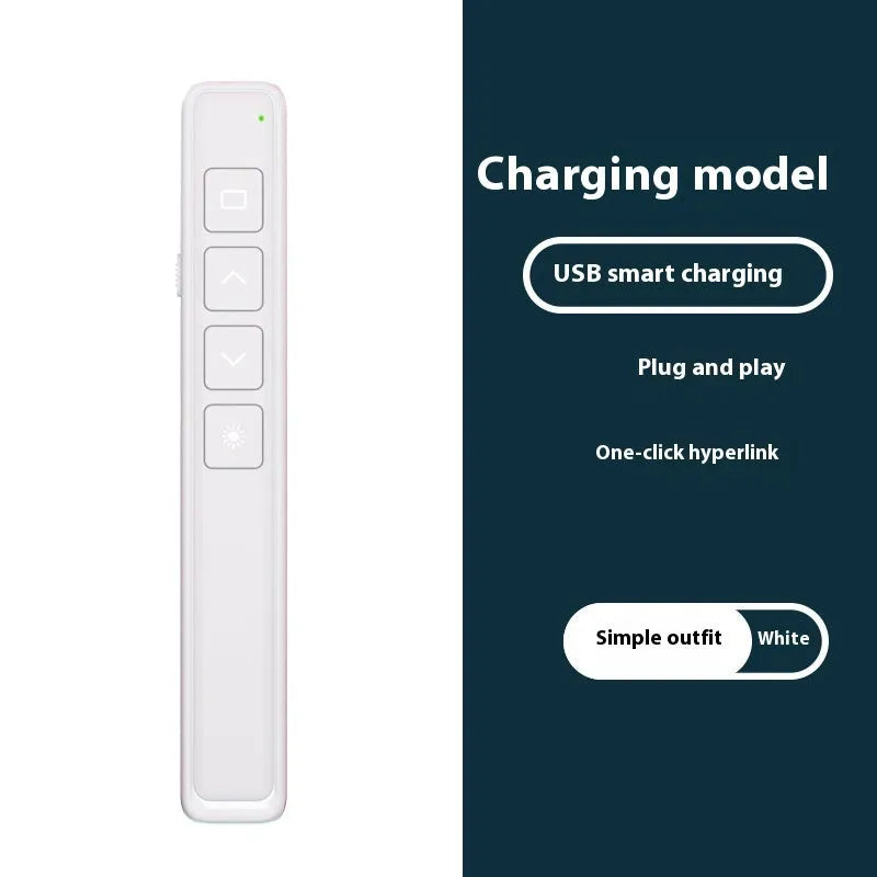 A whiteboard and presentation remote control pen in black, with a USB charging cable.