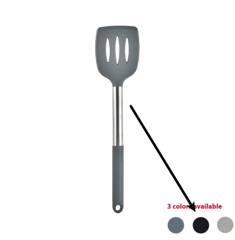 12-piece silicone kitchenware set with rotating storage bucket showing utensils in black, dark grey or khaki colours