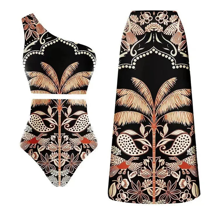 Women's black and yellow one-piece swimsuit with bird print, slit, and one-shoulder style options.