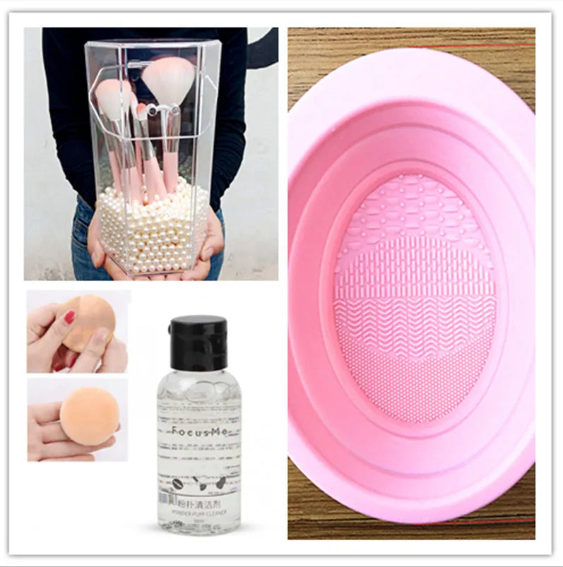 50ml makeup brush cleaning liquid in a clear plastic bottle with blue cap, 9x3x3cm size