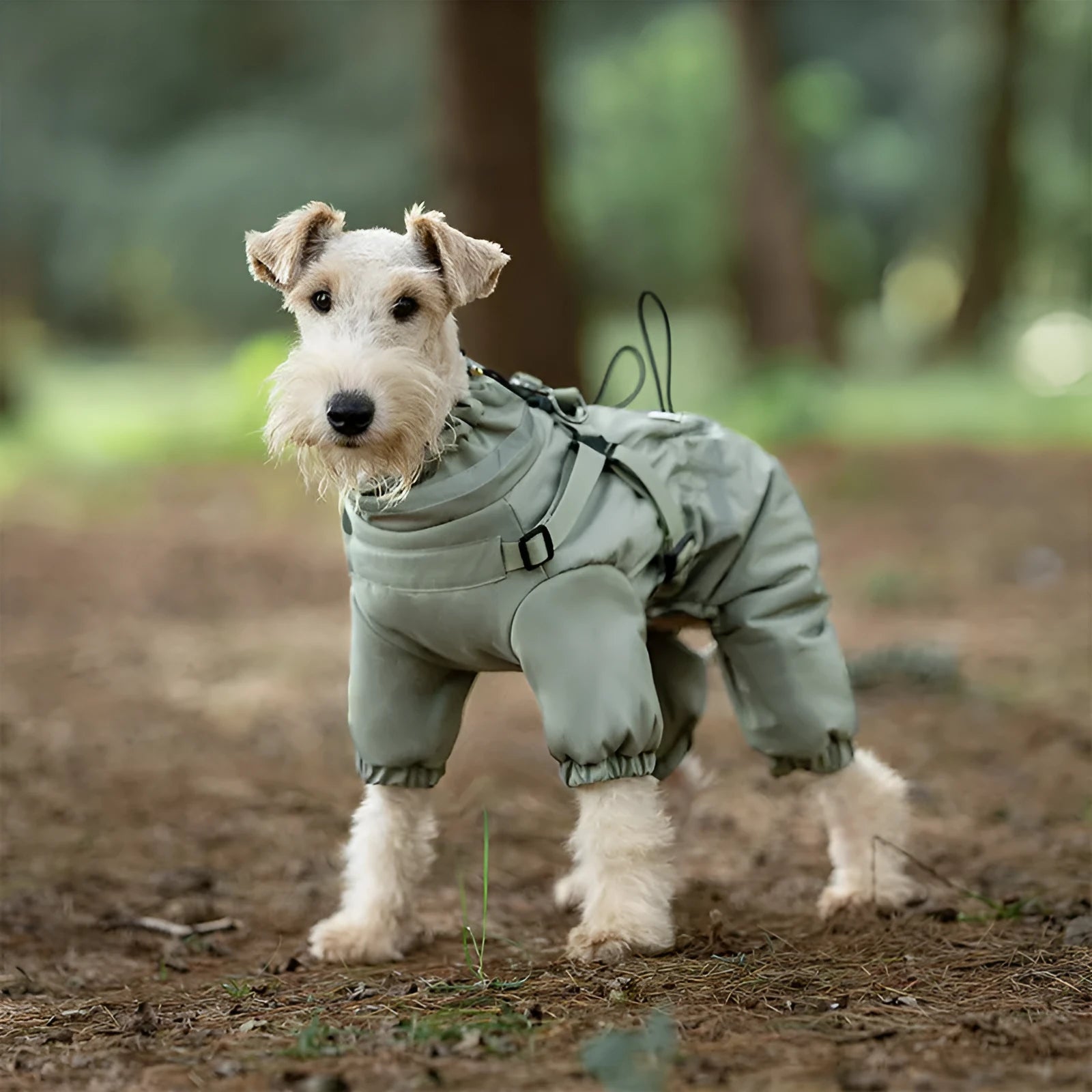 Four-leg dog cotton-padded jacket in Oxford fabric, khaki colour, worn on a dog, size M, for winter warmth