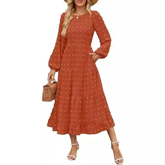 Women's long sleeve dress with high waist and ruffled sleeves in autumn colours