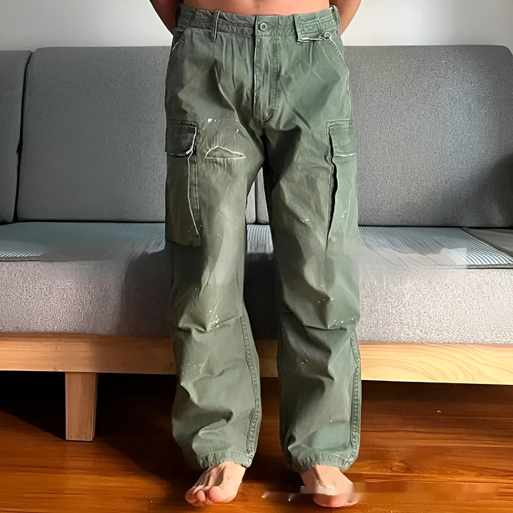 Men's large loose pockets wear-resistant washing paratrooper pants in Army Green cotton fabric