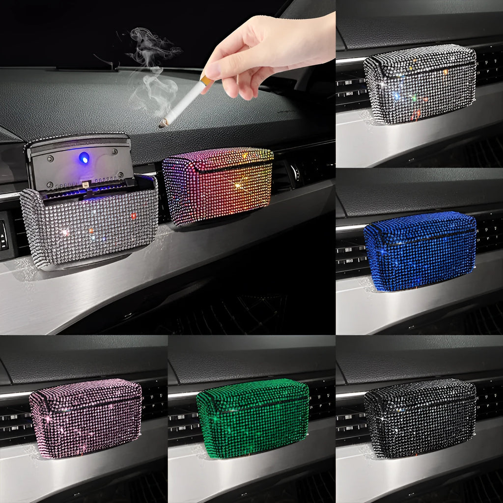 Car ashtray with covered outlet in plastic, showing colour diamond options at 10cm by 7cm by 5cm size.