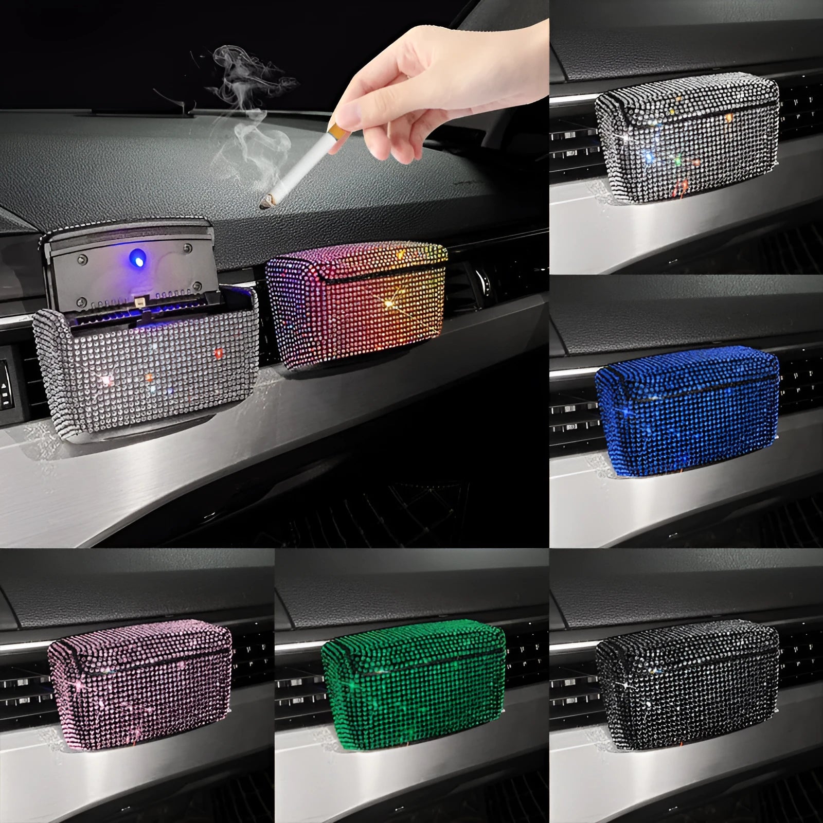 Car ashtray with covered outlet in plastic, showing colour diamond options at 10cm by 7cm by 5cm size.