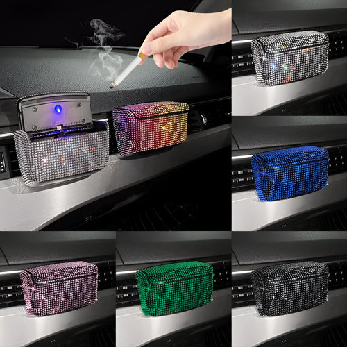 Car ashtray with covered outlet in plastic, showing colour diamond options at 10cm by 7cm by 5cm size.