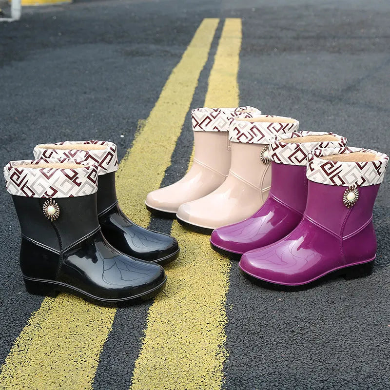 Women's mid-calf rain boot in beige with a non-slip sole and thickened lining.