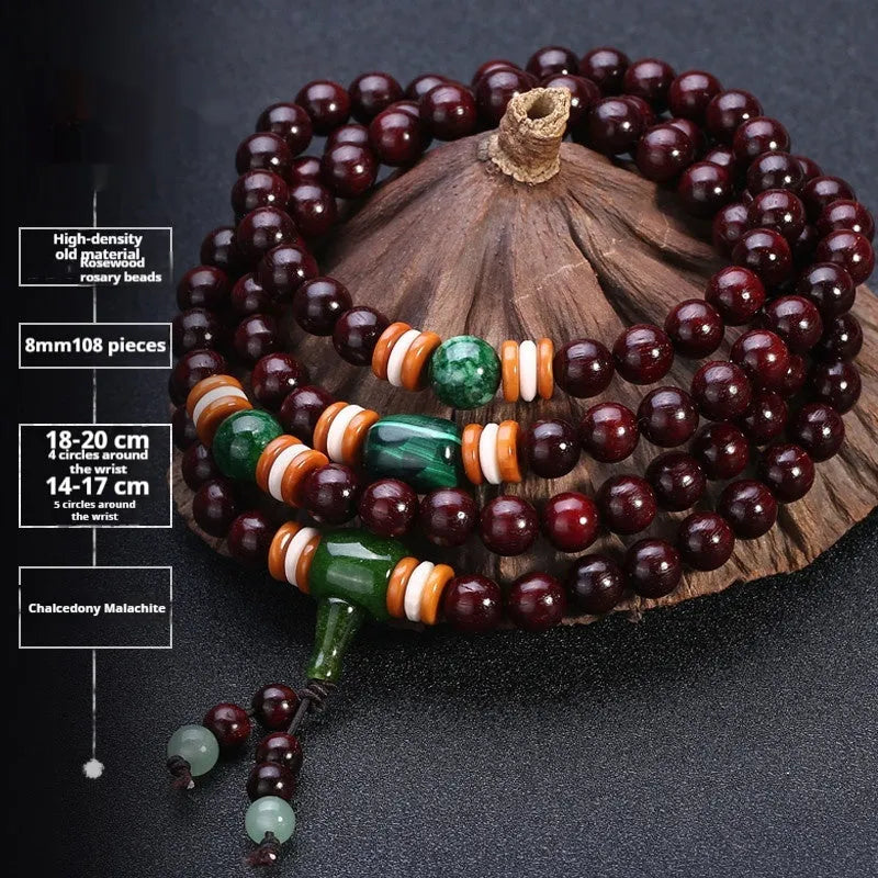 Men's rosewood bracelet with 108 beads, showing 6mm and 8mm size options alongside styles like lapis lazuli and turquoise.