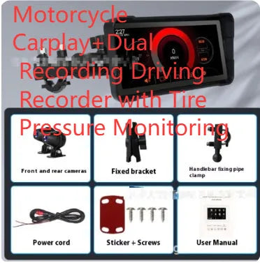 6.86-inch motorcycle driving recorder with IP68 waterproof shell, high brightness IPS touch screen, and dual recording cameras mounted on handlebars