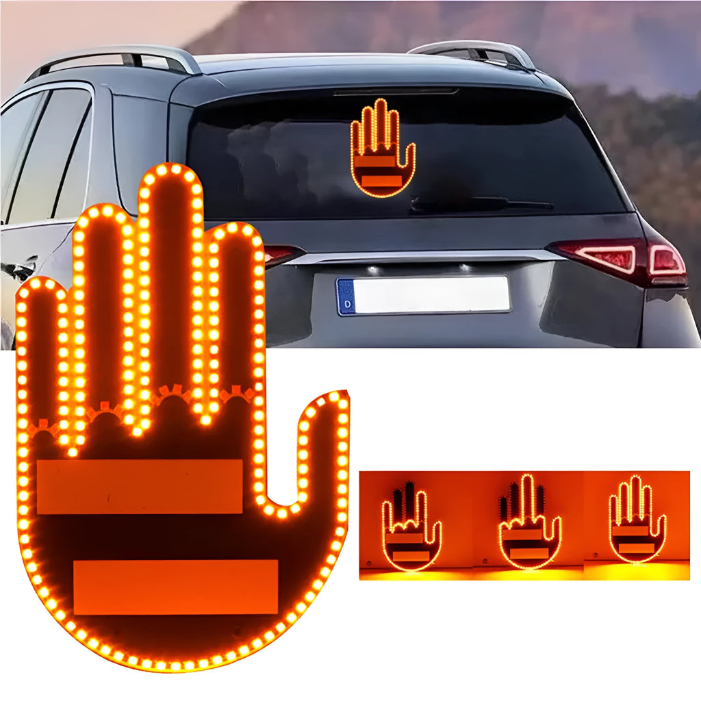 Black plastic car gesture light with LED illuminated hand gesture, remote control, and 3M Velcro mounting
