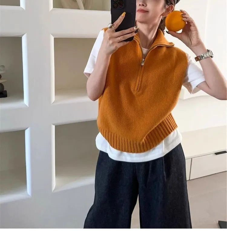 Retro half zipper sleeveless knit vest in polyester mesh fabric showing Japanese casual style