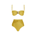 Women's high-waist split swimsuit set with skirt, top, and pants in green and yellow colours