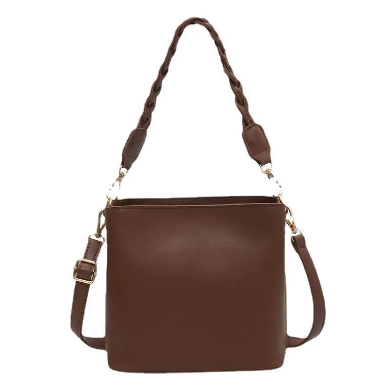 Retro woven pattern crossbody bucket bag with adjustable strap in khaki colour