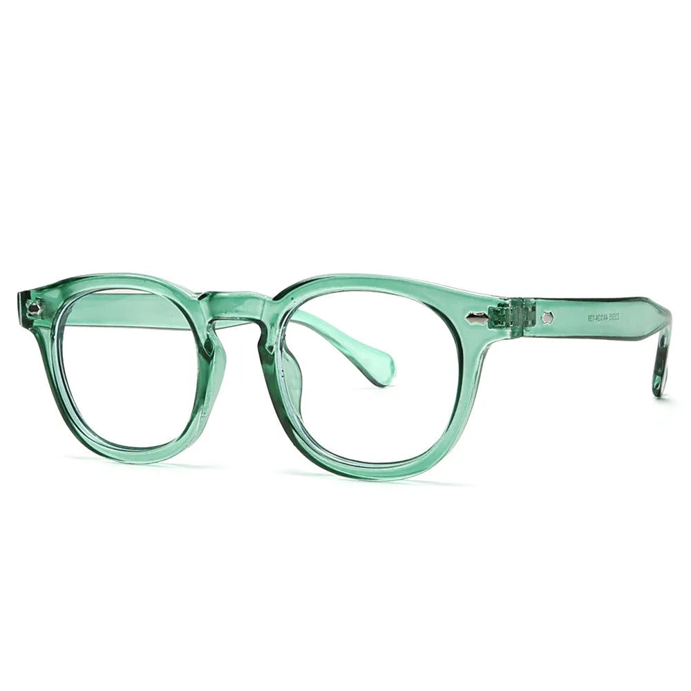 Simple round rim plastic sunglasses shown in a bright black frame with blue lenses on a plain background.
