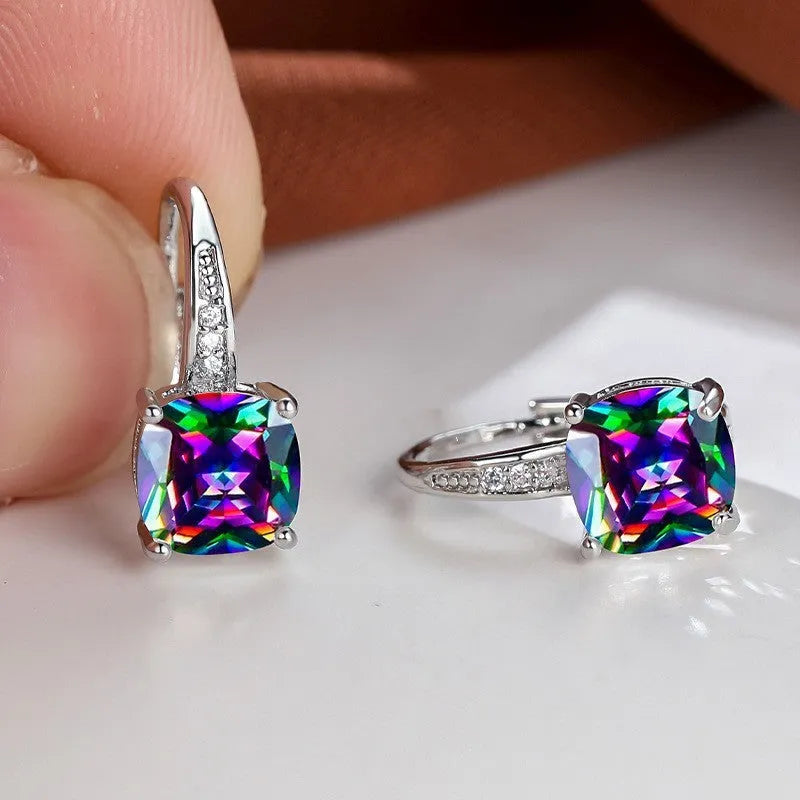 Square geometric ear hook studs with a round zircon stone, shown in a gold electroplated finish.