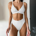 Women's grey embroidered contrast colour binding letters bikini set on a white background