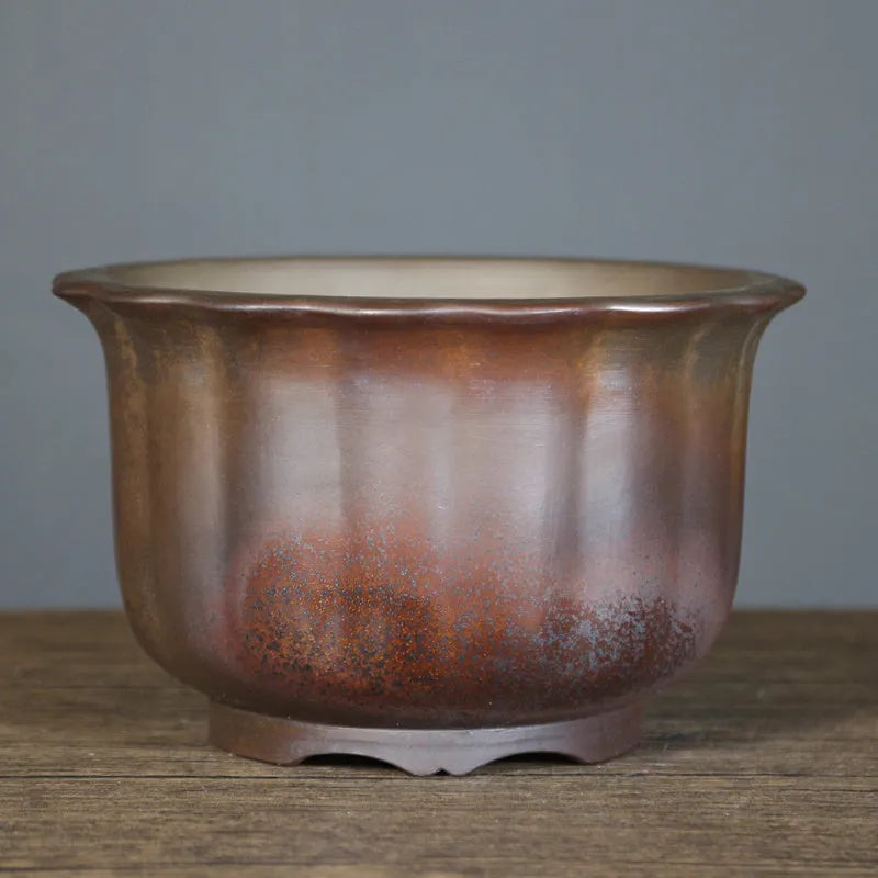 Antique carved purple sand ceramic bonsai pot with wood-burning pattern