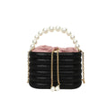 Retro style women's crossbody handbag with pearl beads in soft PU leather, shown in round shape.