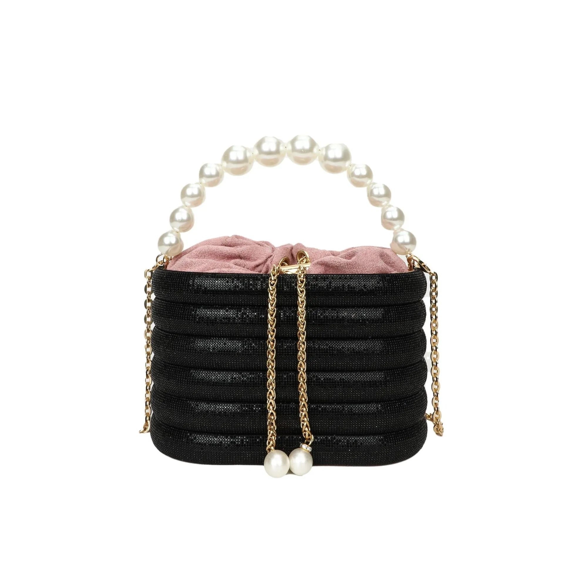 Retro style women's crossbody handbag with pearl beads in soft PU leather, shown in round shape.