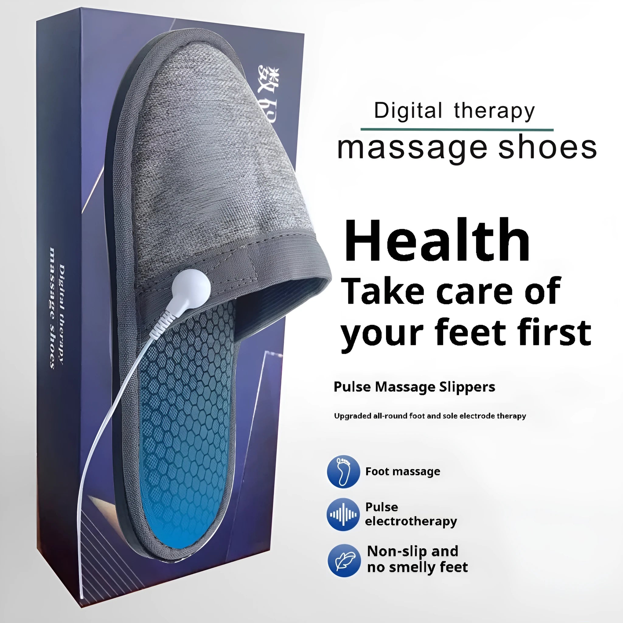 Gray micro current massage slippers with pulse electrode therapy, linen upper and non-slip sole
