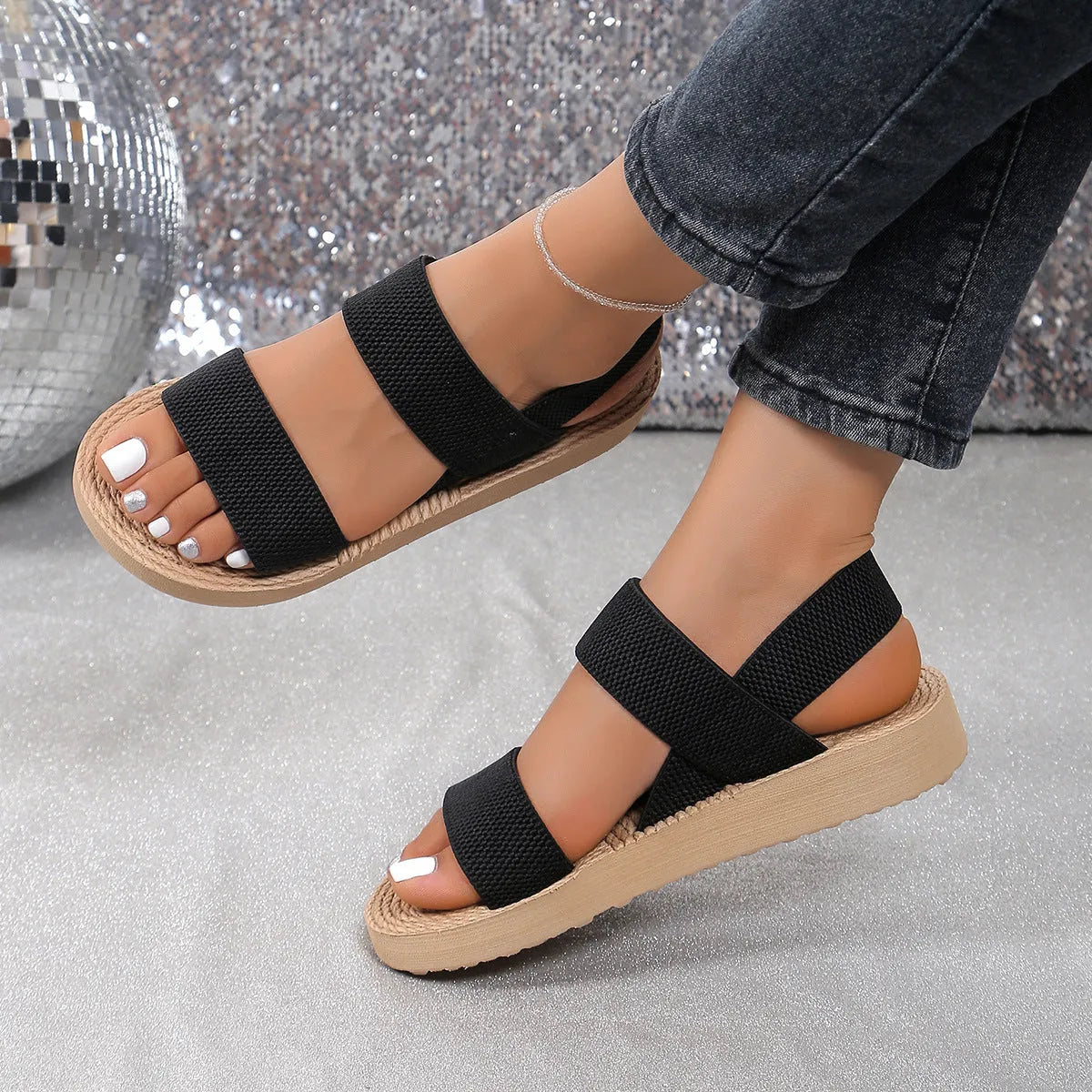 Women's flat wedge sandals, elastic upper, round toe, EVA sole, multiple colours, sizes 36-42