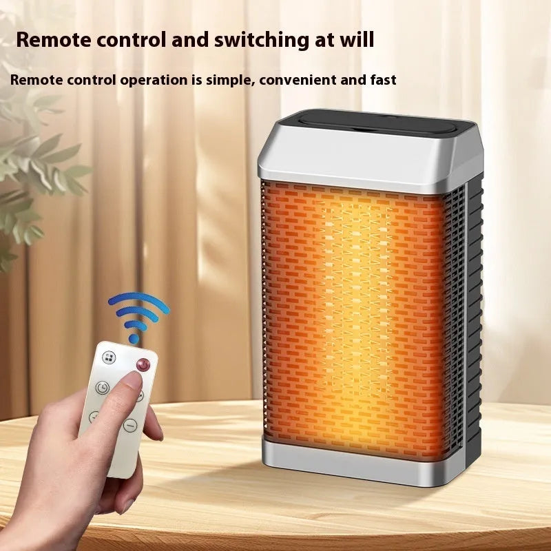 Black remote control desktop warm air blower heater with shaking head, dimensions 14.5x10x26cm