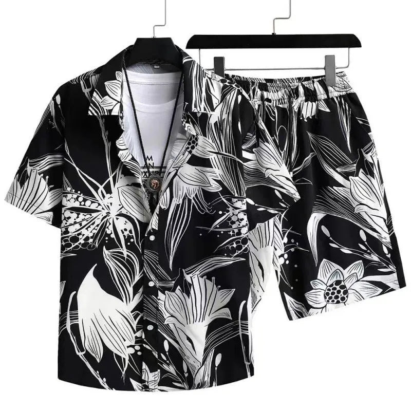 Men's light blue digital print short sleeve cardigan and matching shorts casual suit set