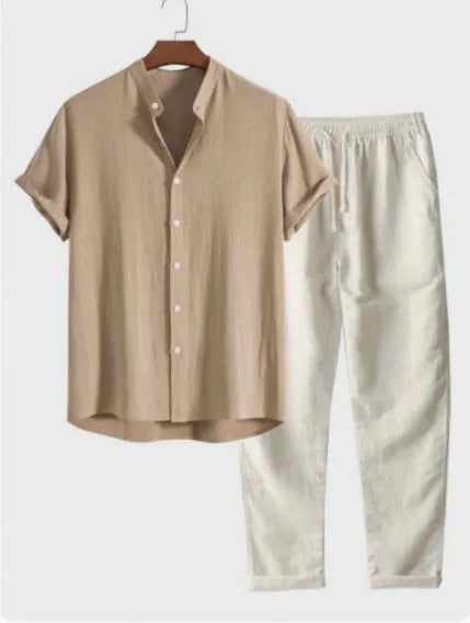 Men's casual loose fit polyester linen shirt and trousers suit in multiple colour options