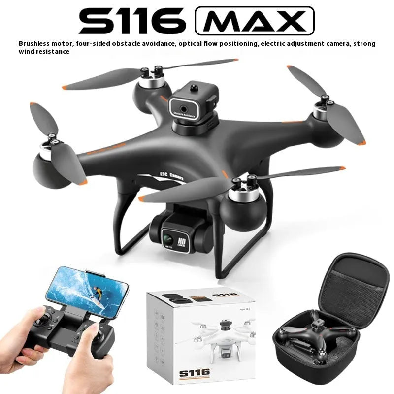 S116 black and white HD brushless UAV drone with four propellers and camera, shown with remote control.