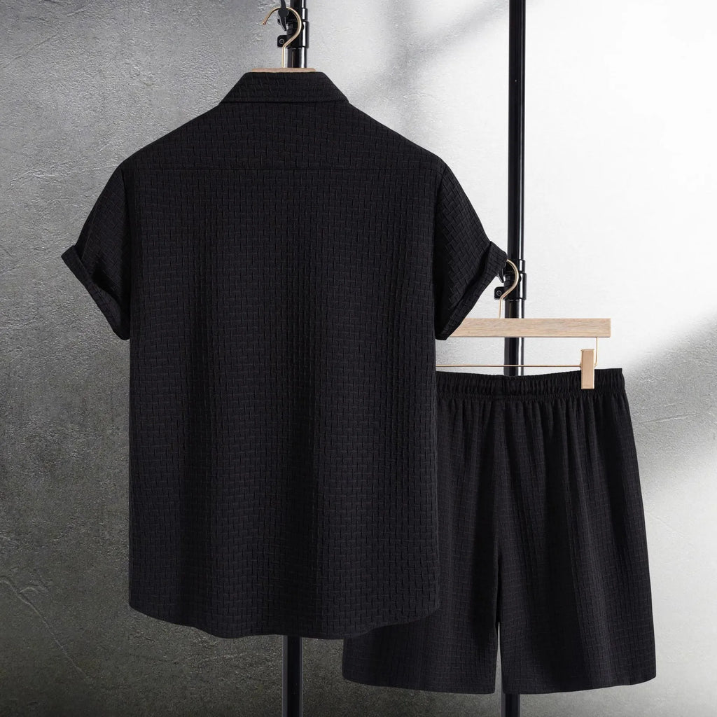 Men's loose fit cotton blend beach set with short sleeve shirt and shorts in solid black or white