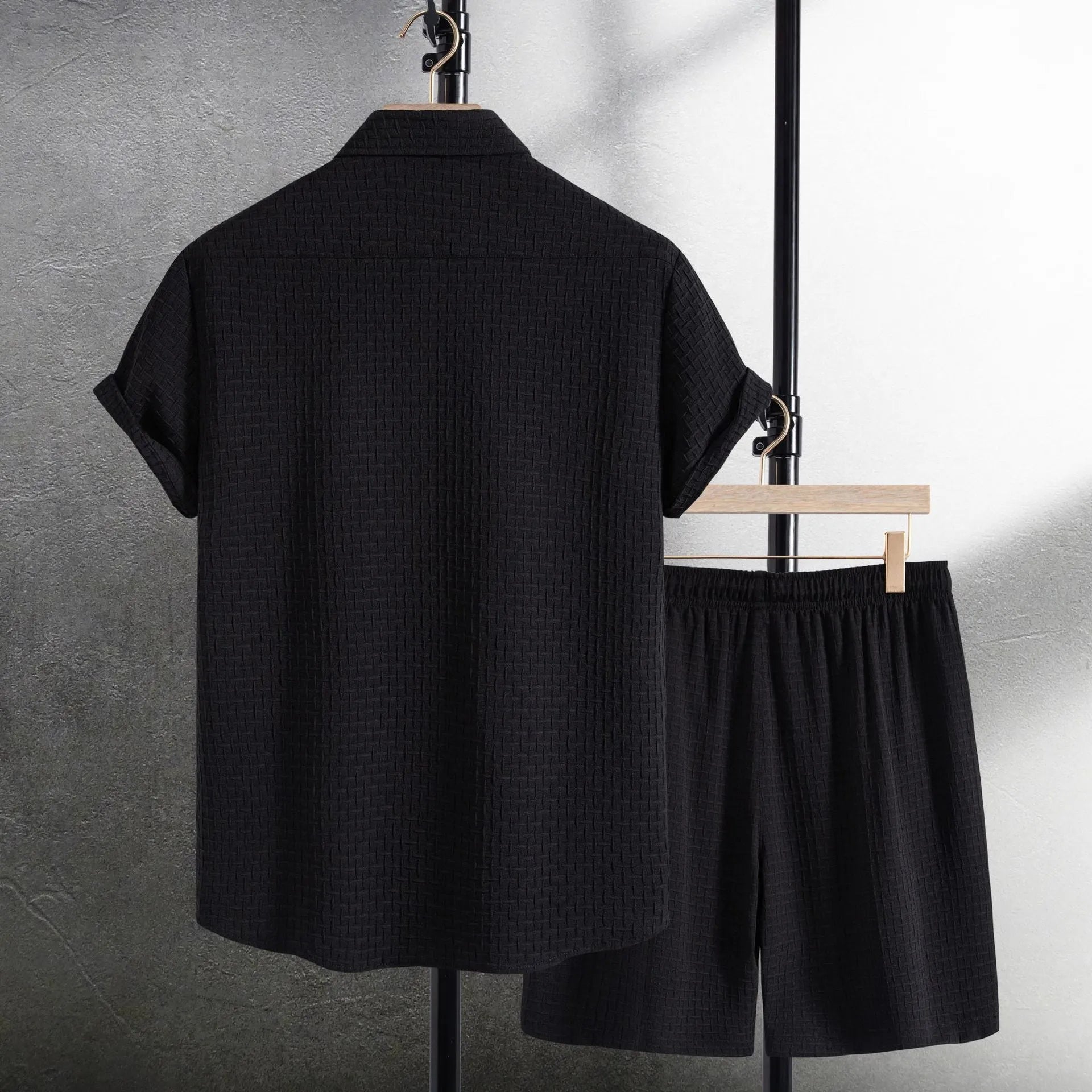 Men's loose fit cotton blend beach set with short sleeve shirt and shorts in solid black or white