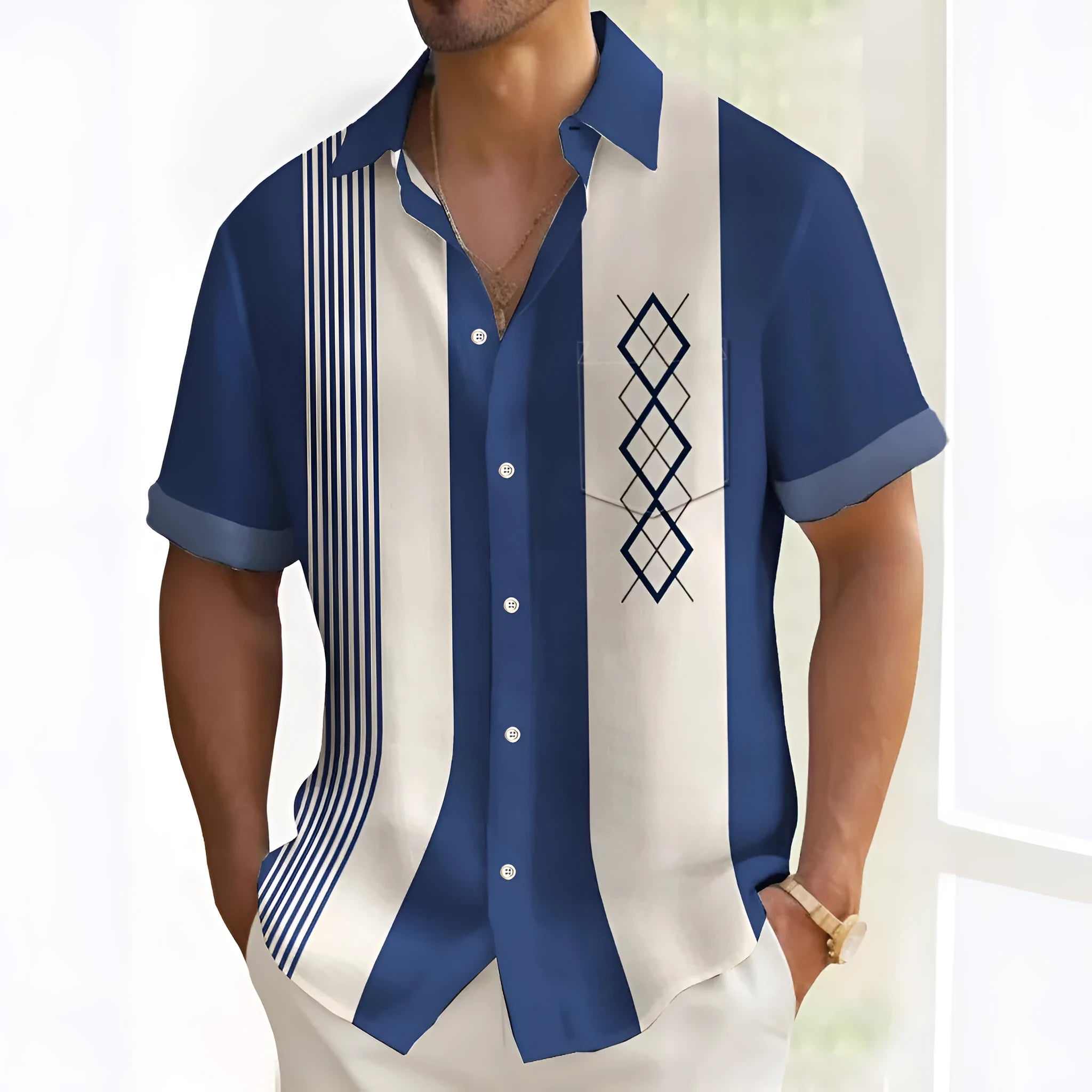 Multicolour printed men's leisure shirt with loose fit cardigan style on hanger