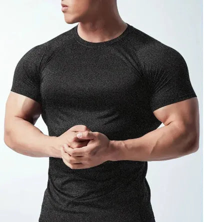 Men's black stretch quick-drying short sleeve polyester t-shirt for running.